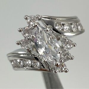 Beautiful Statement Vintage Look Marquise Cut White Diamond Silver Plated Ring